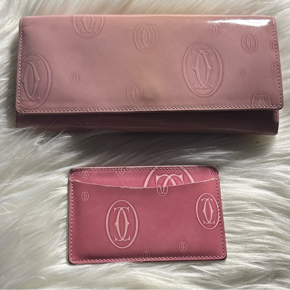 Cartier Birthday Pink Patent Leather Long Wallet and Free Card Holder